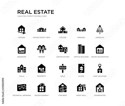 set of 20 black filled vector icons such as storehouse, map location, house decoration, juridical, paint roll, for rent, bedroom, bridges, facade, house front view. real estate black icons