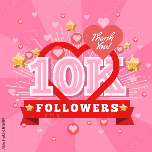 10K Followers and thank you banner background with heart bubble icons. Template for social media post. Vector Cover for your design.