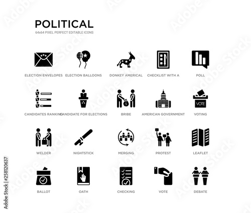 set of 20 black filled vector icons such as debate, leaflet, voting, poll, vote, checking, candidates ranking graphic, checklist with a pencil, donkey americal political, election balloons couple.