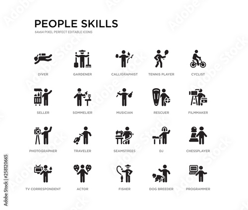 set of 20 black filled vector icons such as programmer, chessplayer, filmmaker, cyclist, dog breeder, fisher, seller, tennis player, calligraphist, gardener. people skills black icons collection.