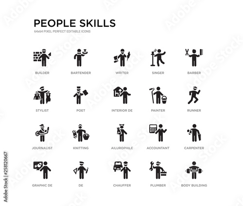set of 20 black filled vector icons such as body building, carpenter, runner, barber, plumber, chauffer, stylist, singer, writer, bartender. people skills black icons collection. editable pixel
