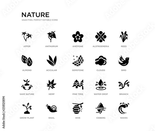 set of 20 black filled vector icons such as waves, branch, bird, reed, iceberg, hive, almond, alstroemeria, anemone, anthurium. nature black icons collection. editable pixel perfect © Meth Mehr