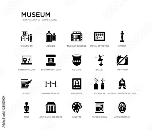 set of 20 black filled vector icons such as african mask, roman or greek helmet, no photo, statue, paper scroll, palette, anthropology, metal detector, museum building, acrylic. museum black icons