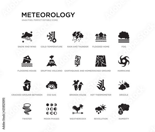 set of 20 black filled vector icons such as humidity, drizzle, hurricane, fog, revolution, weathercock, flooding house, flooded home, rain and thunder, cold temperature. meteorology black icons © Meth Mehr