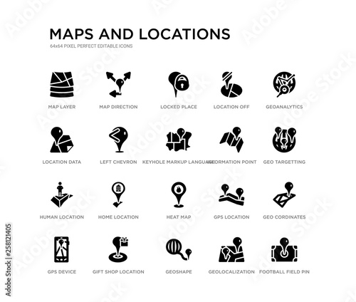 set of 20 black filled vector icons such as football field pin, geo cordinates, geo targetting, geoanalytics, geolocalization, geoshape, location data, location off, locked place, map direction. © Meth Mehr