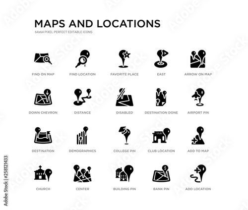 set of 20 black filled vector icons such as add location, add to map, airport pin, arrow on map, bank pin, building pin, down chevron, east, favorite place, find location. maps and locations black