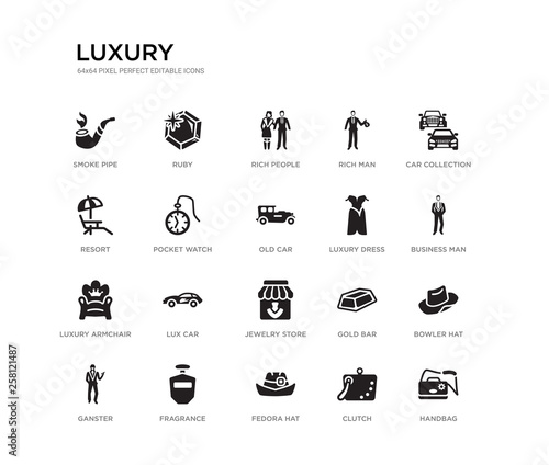 set of 20 black filled vector icons such as handbag, bowler hat, business man, car collection, clutch, fedora hat, resort, rich man, rich people, ruby. luxury black icons collection. editable pixel