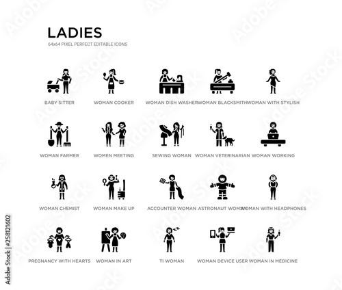 set of 20 black filled vector icons such as woman in medicine, woman with headphones, woman working, with stylish hair, device user, ti farmer, blacksmith, dish washer, cooker. ladies black icons