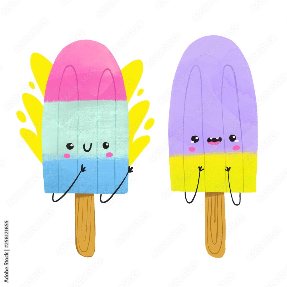 Cute two kawaii ice cream on stick isolated on white background. Happy face emotions. Hand drawn colored trendy illustration Cute two kawaii ice cream on stick isolated on white background. Happy face emotions. Hand drawn colored trendy illustration