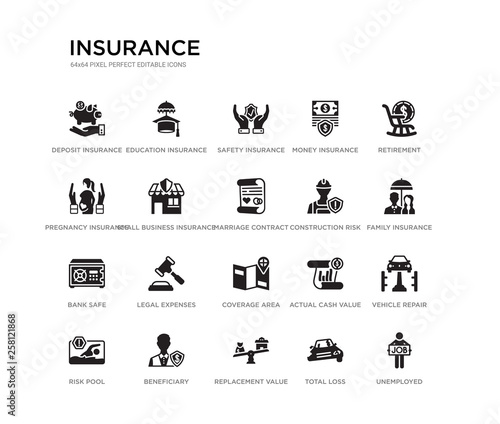 set of 20 black filled vector icons such as unemployed, vehicle repair, family insurance, retirement, total loss, replacement value, pregnancy insurance, money insurance, safety education black