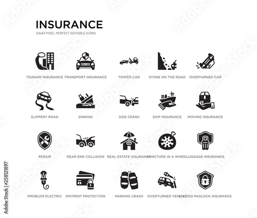 set of 20 black filled vector icons such as locked padlock insurance, luggage insurance, moving insurance, overturned car, overturned vehicle, parking crash, slippery road, stone on the road, towed