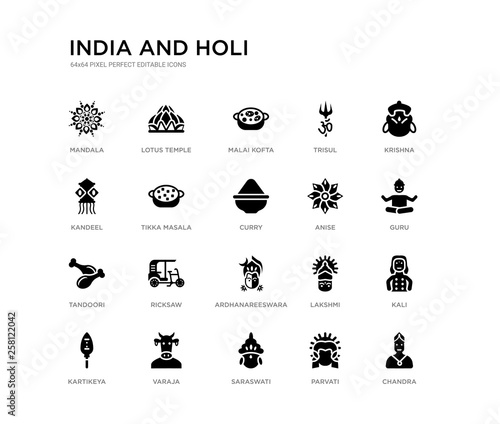 set of 20 black filled vector icons such as chandra, kali, guru, krishna, parvati, saraswati, kandeel, trisul, malai kofta, lotus temple. india and holi black icons collection. editable pixel