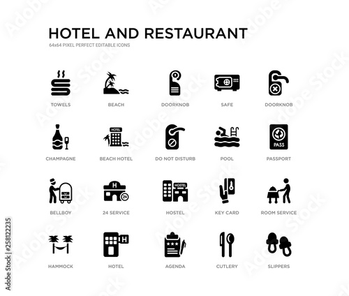 set of 20 black filled vector icons such as slippers, room service, passport, doorknob, cutlery, agenda, champagne, safe, doorknob, beach. hotel and restaurant black icons collection. editable pixel