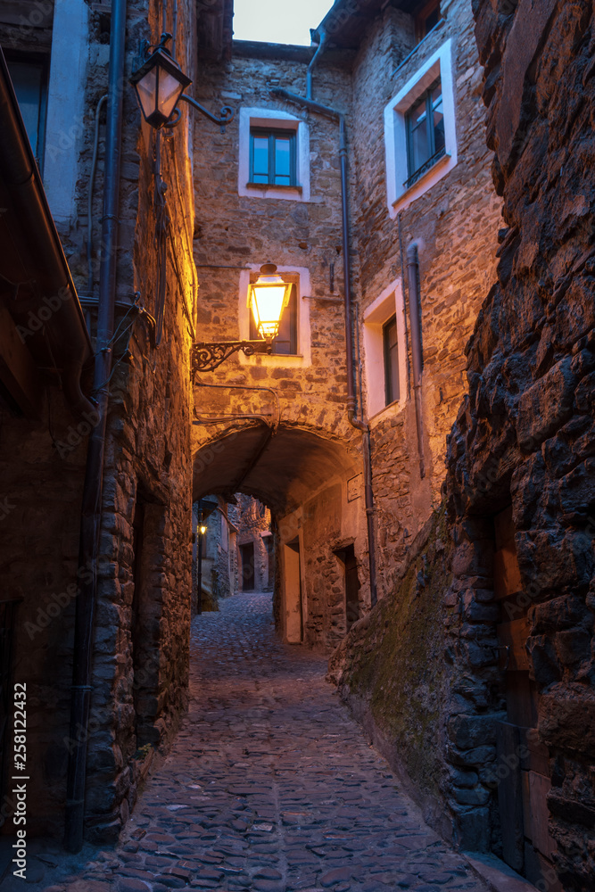 Typical Italian narrow street, Apricale, Italy