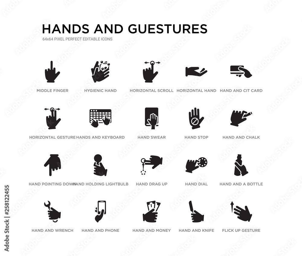 set of 20 black filled vector icons such as flick up gesture, hand and a bottle, hand and chalk, hand and cit card, knife, money, horizontal gesture, horizontal horizontal scroll gesture, hygienic