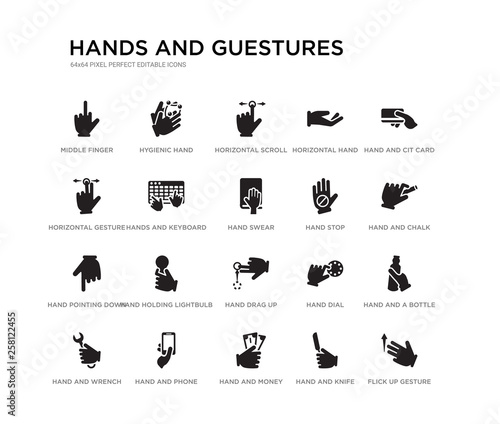 set of 20 black filled vector icons such as flick up gesture, hand and a bottle, hand and chalk, hand and cit card, knife, money, horizontal gesture, horizontal horizontal scroll gesture, hygienic © Meth Mehr