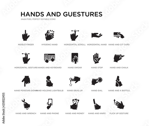 set of 20 black filled vector icons such as flick up gesture, hand and a bottle, hand and chalk, hand and cit card, knife, money, horizontal gesture, horizontal horizontal scroll gesture, hygienic