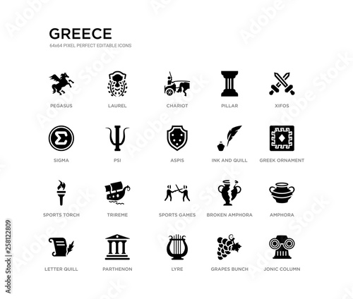 set of 20 black filled vector icons such as jonic column, amphora, greek ornament, xifos, grapes bunch, lyre, sigma, pillar, chariot, laurel. greece black icons collection. editable pixel perfect