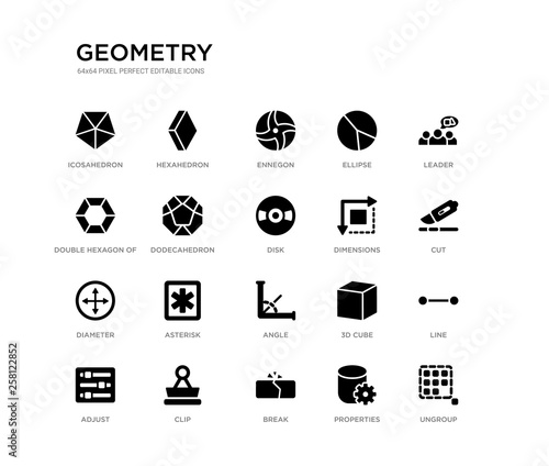 set of 20 black filled vector icons such as ungroup, line, cut, leader, properties, break, double hexagon of small triangles, ellipse, ennegon, hexahedron. geometry black icons collection. editable