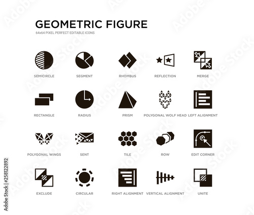 set of 20 black filled vector icons such as unite, edit corner, left alignment, merge, vertical alignment, right alignment, rectangle, reflection, rhombus, segment. geometric figure black icons