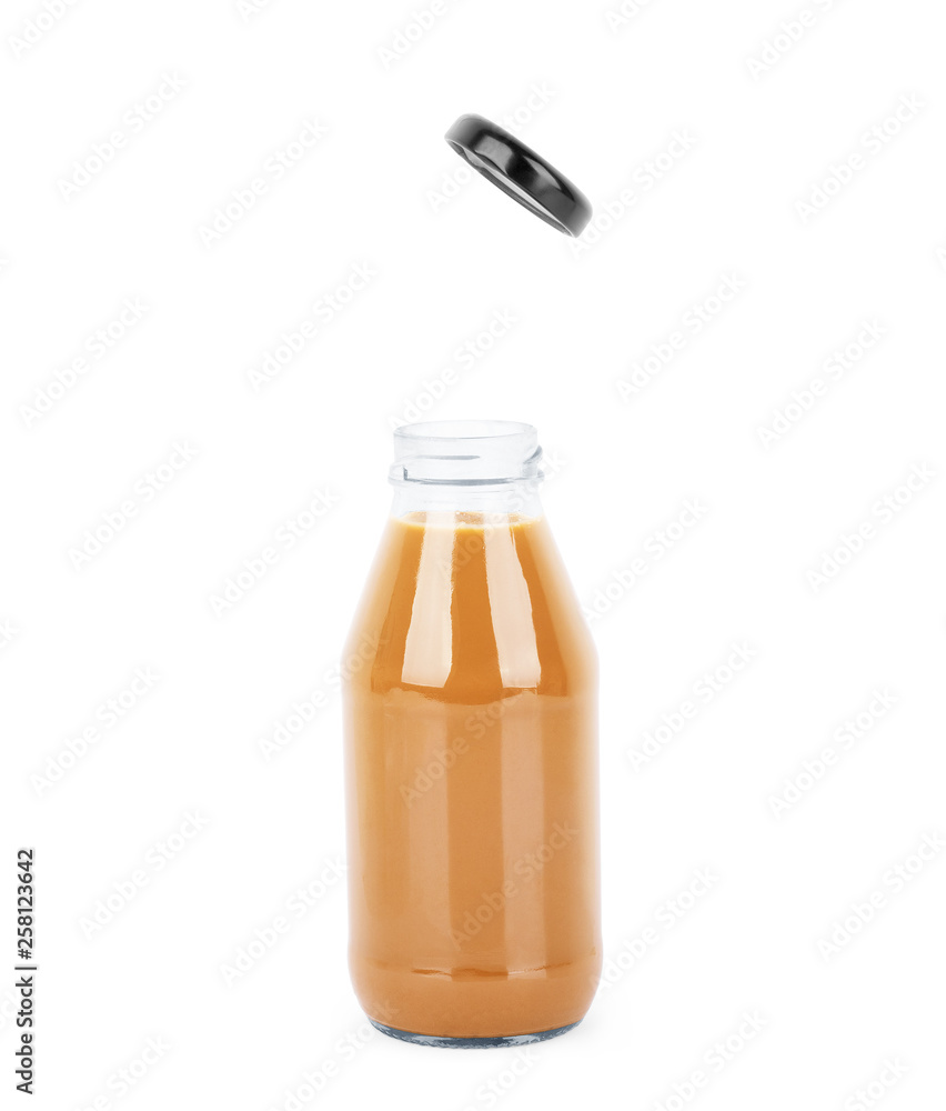 Chocolate milk in bottle., Isolated on a white background Chocolate milk in bottle., Isolated on a white background