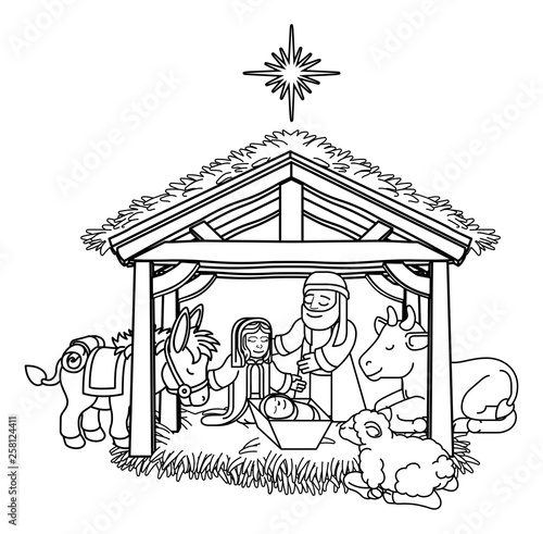 A Christmas nativity scene coloring cartoon, with baby Jesus, Mary and Joseph in the manger and donkey and other animals. The City of Bethlehem and star above. Christian religious illustration.