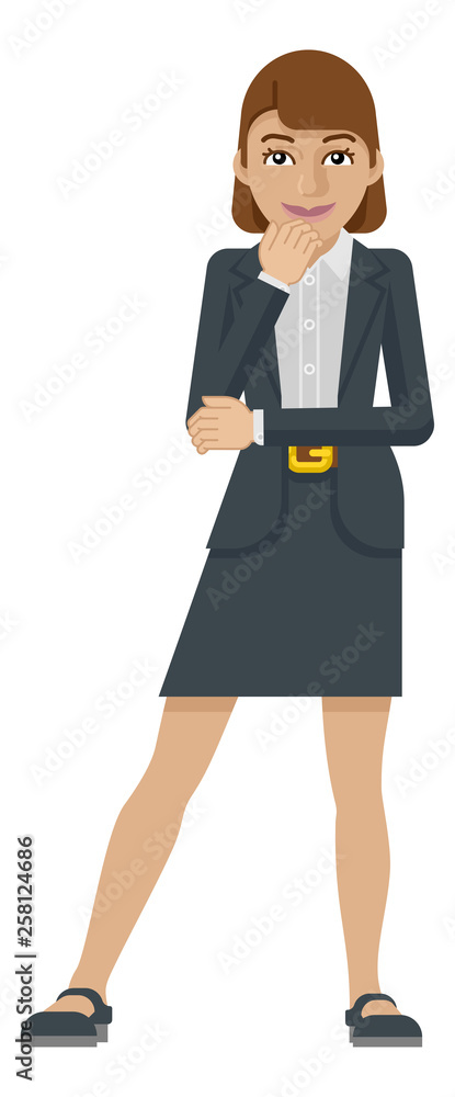 A business woman thinking with her hand on her chin mascot concept in a flat modern cartoon style