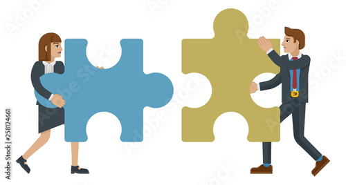 A puzzle piece jigsaw character concept of two business people working together in partnership or as a team