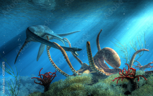 Under the surface of the Cretaceous sea, two mighty beasts do battle.  A giant octopus has snared a styxosaurus in its tentacles, a fight with the long necked marine reptile ensues. 3D Rendering photo
