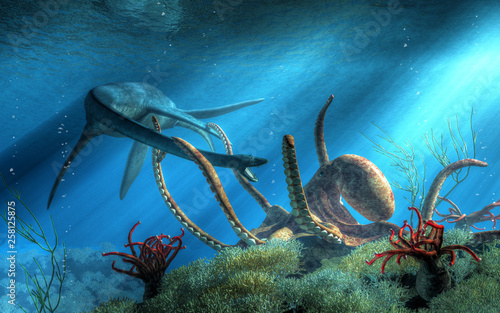Foto Under the surface of the Cretaceous sea, two mighty beasts do battle