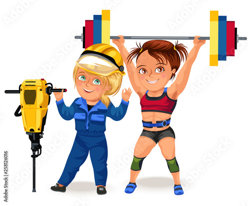 Not female professions, Strong muscular woman Weightlifting in sprt sports suit bikini and bra lifting barbell, strong girl works hard construction worker vector illustration on white background