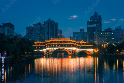 Anshun bridge on Jin River at night in Chengdu, Sichuan, China