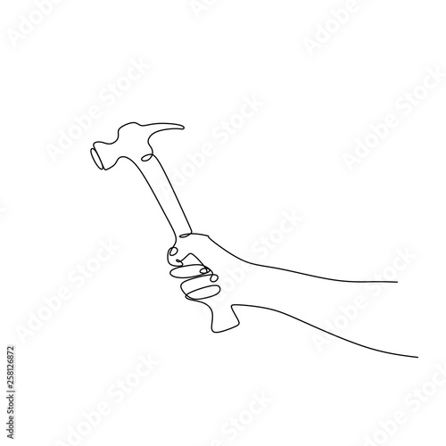 continuous line drawing of hand holding hammer.
