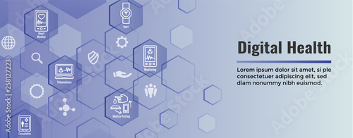 Digital Health Icon Set with Wearable Technology Web Header Banner