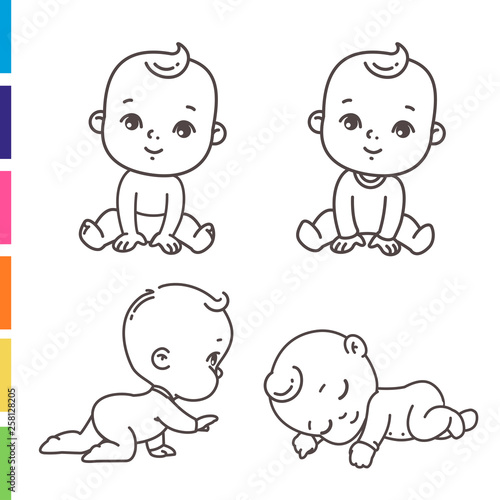 Cute little boy icon set. Coloring page of outline  stickers of little baby boy in pajamas, diaper. Child sleeping, sitting, crawling. Emblem of kid health. Vector monochrome illustration.