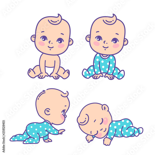 Cute little boy icon set. Collection of vector stickers of little baby boy in blue  pajamas, diaper. Child sleeping, sitting, crawling. Emblem of kid health. Vector color illustration.