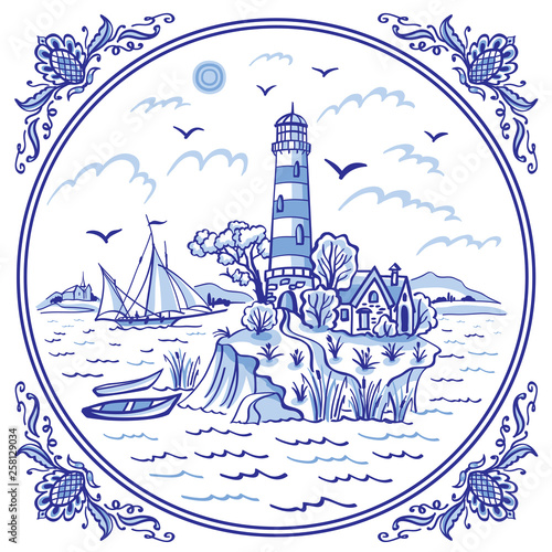 Landscape with a lighthouse. ship and boats, cobalt painting in the traditional Dutch style, Delft, Gzhel, tiles, design for porcelain tableware.