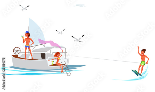 Cartoon friend spending fun time on yacht