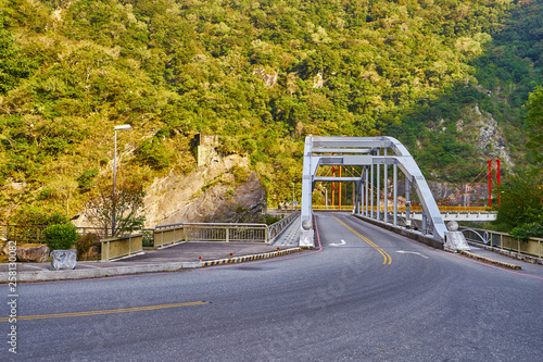 Road scenic with Tianxiang bridge by recreation area in Taroko national park in Hualien city, Taiwan. photo