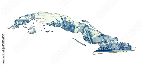 20 cuban peso bank note reverse in shape of cuba
