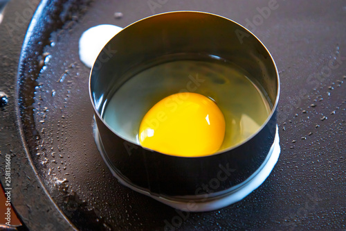 Fried egg on frying pan Horizontal