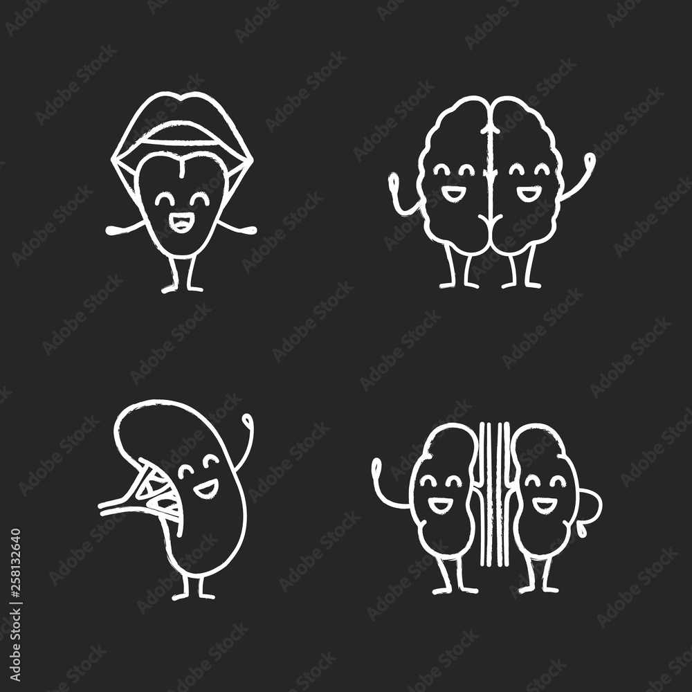 Smiling human internal organs characters chalk icons set