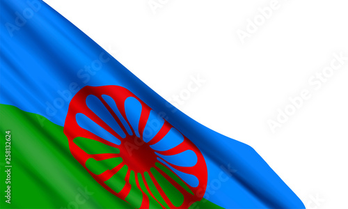 Background with realistic Romani flag on white background. Vector element for International Romani Day, International Romani Language Day, Roma Genocide Remembrance Day designs.