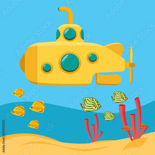 Yellow submarine, Underwater marine wildlife. Expedition in the depths of the sea. Bathyscaphe with periscope. Flat cartoon vector illustration.