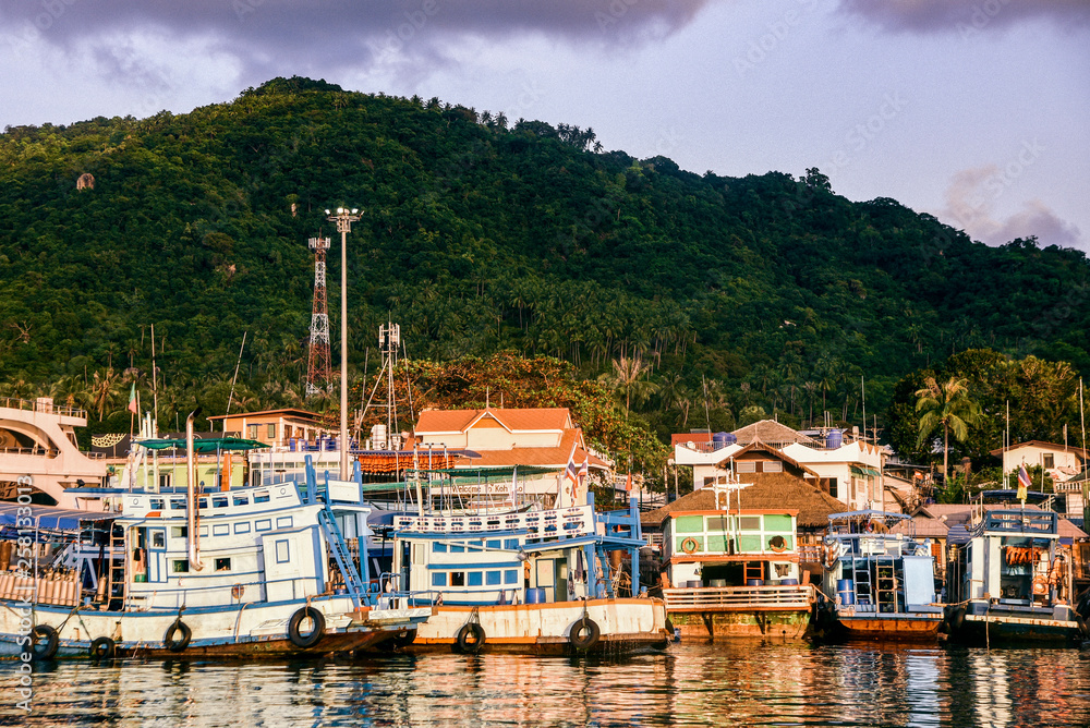 Boats Along the Coastline of Koh Tao Island in Thailand