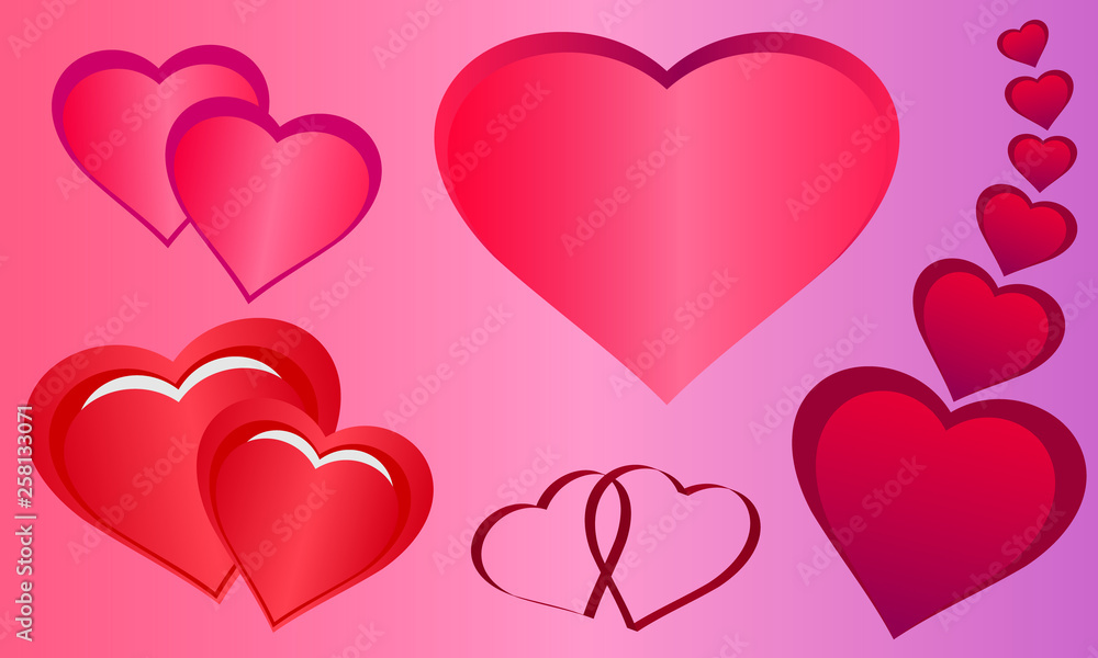 Romantic red hearts icons set.