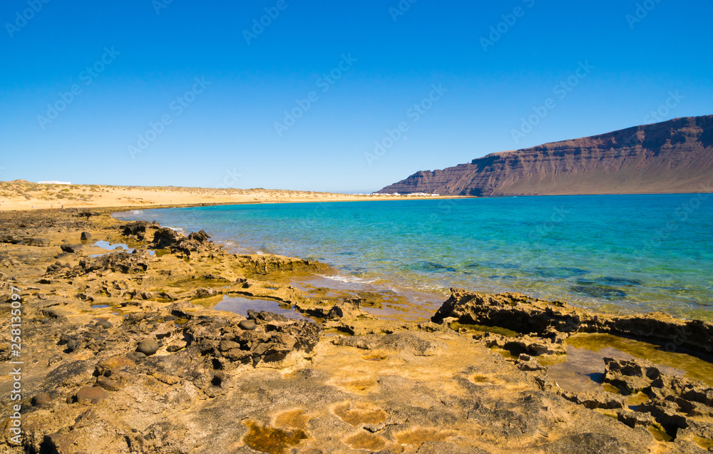 beautiful coast of la Graciosa Island with view on Lanzarote shore