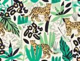 Modern exotic jungle illustration pattern with leopards. Creative collage contemporary floral seamless pattern. Fashionable template for design.