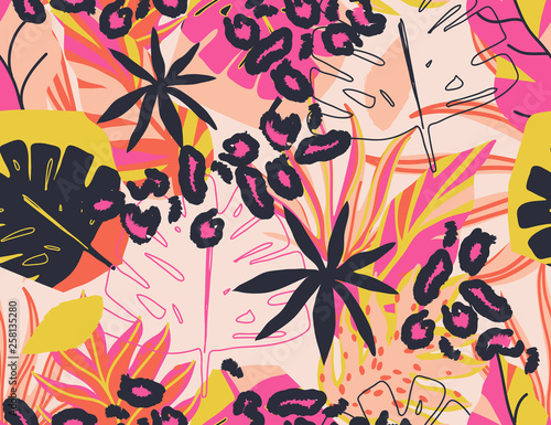 Modern exotic jungle illustration pattern with leopards. Creative collage contemporary floral seamless pattern. Fashionable template for design.