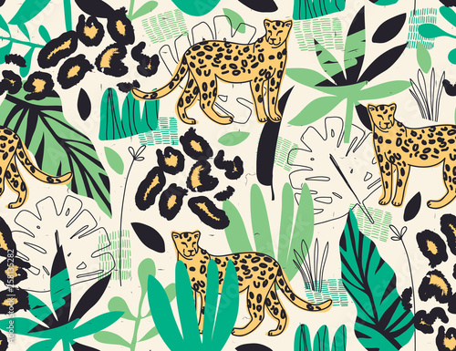 Modern exotic jungle illustration pattern with leopards. Creative collage contemporary floral seamless pattern. Fashionable template for design.